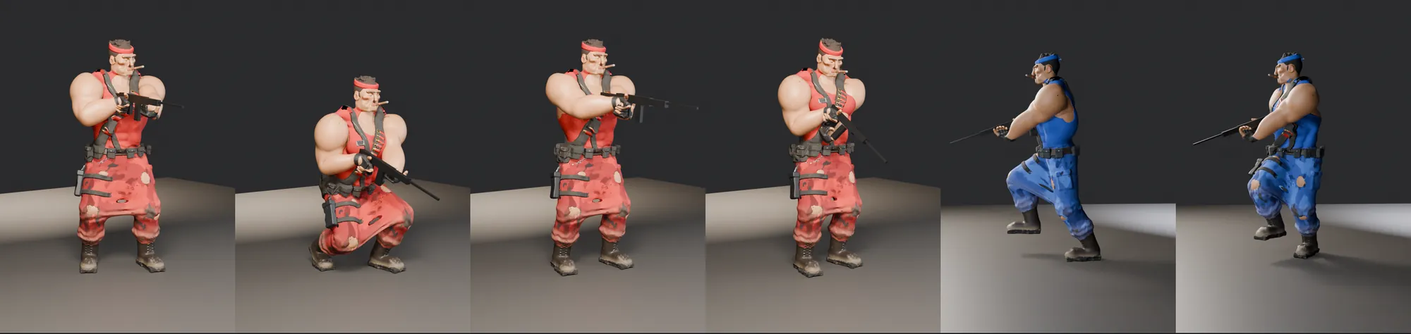 The mercenary aiming, crouching, firing and running