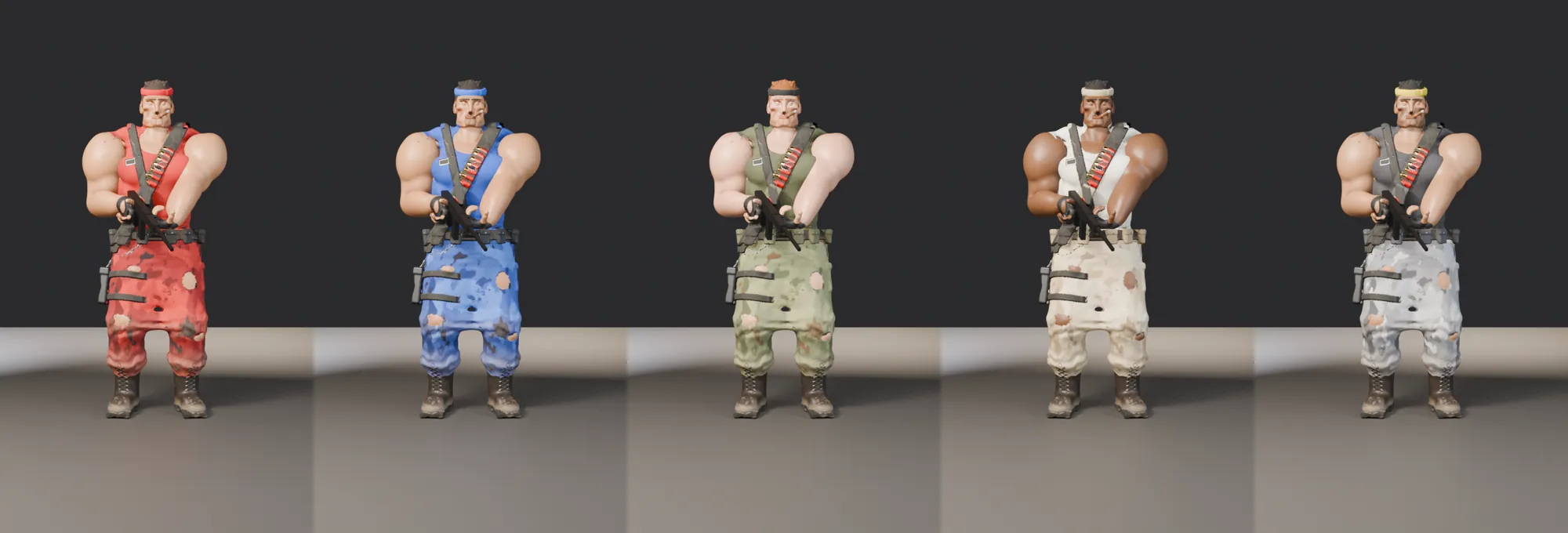 The Operation Sunset mercenary in five colourways: red, blue, green, desert and grey